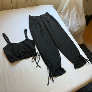 LEAH SHLAER black silver foil metallic knit semi sheer ruched balloon pant set